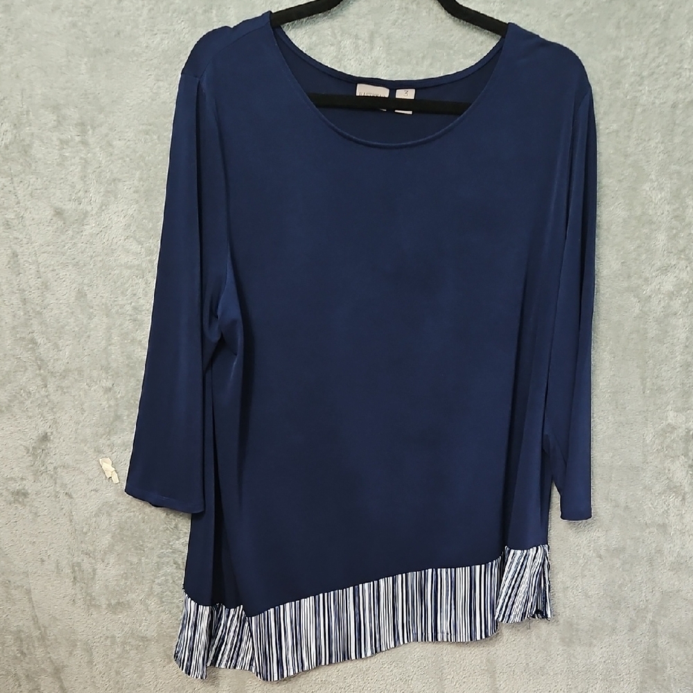 Chico's Navy Blue Blouse with Striped Hem